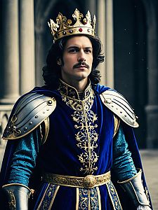 Man in Royal Fantasy Prince Costume with Crown and Armor Cinematic Realism
