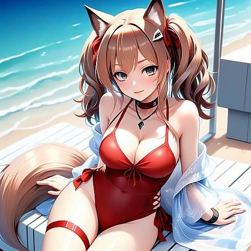 Anime Woman with Fox Ears in Red Swimsuit by the Beach - Arknights Style