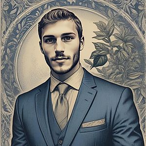 Confident Young Man in Tailored Suit with Botanical Background
