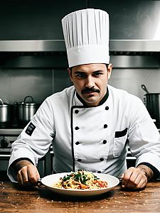 Professional Male Chef in Classic Uniform Presenting Pasta Dish in Modern Kitchen