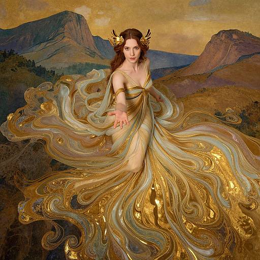 Ethereal Woman in Flowing Gold Gown with Art Nouveau Style