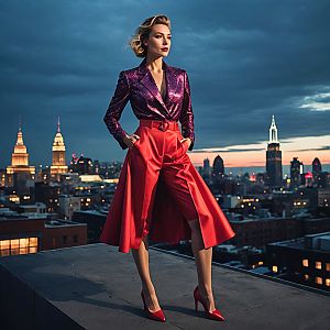 Confident Woman in Purple Blazer on Rooftop at Dusk