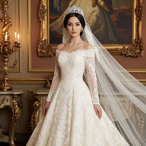 Elegant Woman in Off-Shoulder Lace Wedding Dress with Tiara and Veil