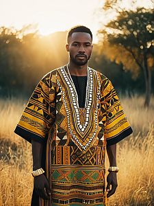Man in African Dashiki Outfit Photorealistic Outdoor Portrait at Golden Hour
