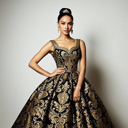 Elegant Woman Wearing Black and Gold Embroidered Ball Gown with Regal Accessories