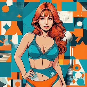 Confident Woman in Teal and Orange Lingerie
