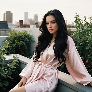 Woman in Pink Satin Robe on Rooftop Terrace