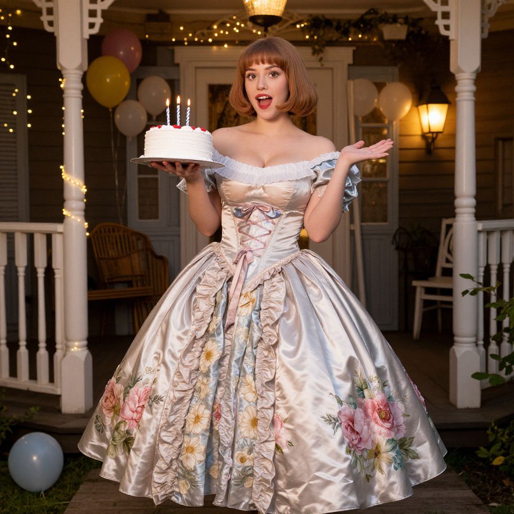 Woman in Vintage Floral Satin Dress Holding Birthday Cake on Porch