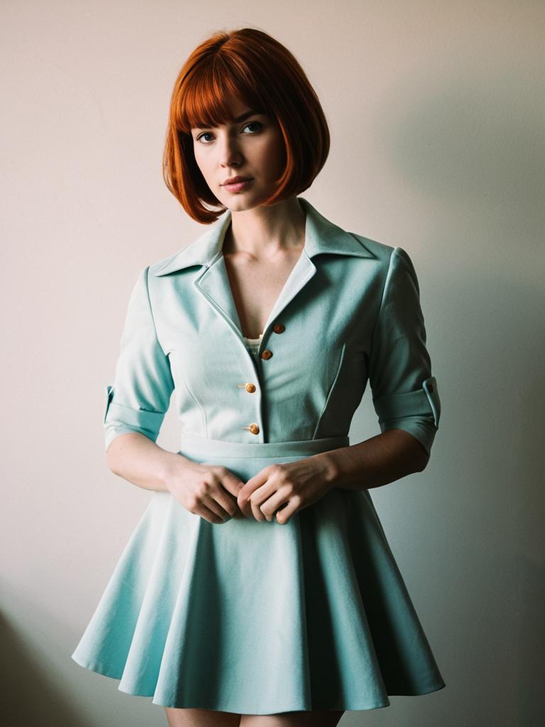Red Haired Woman in Shirley Fenette Inspired Pastel Blue Cosplay Dress