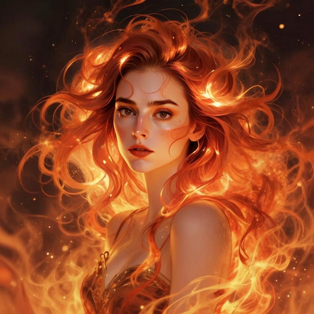 Fiery Red-Haired Woman Digital Art with Glowing Flames