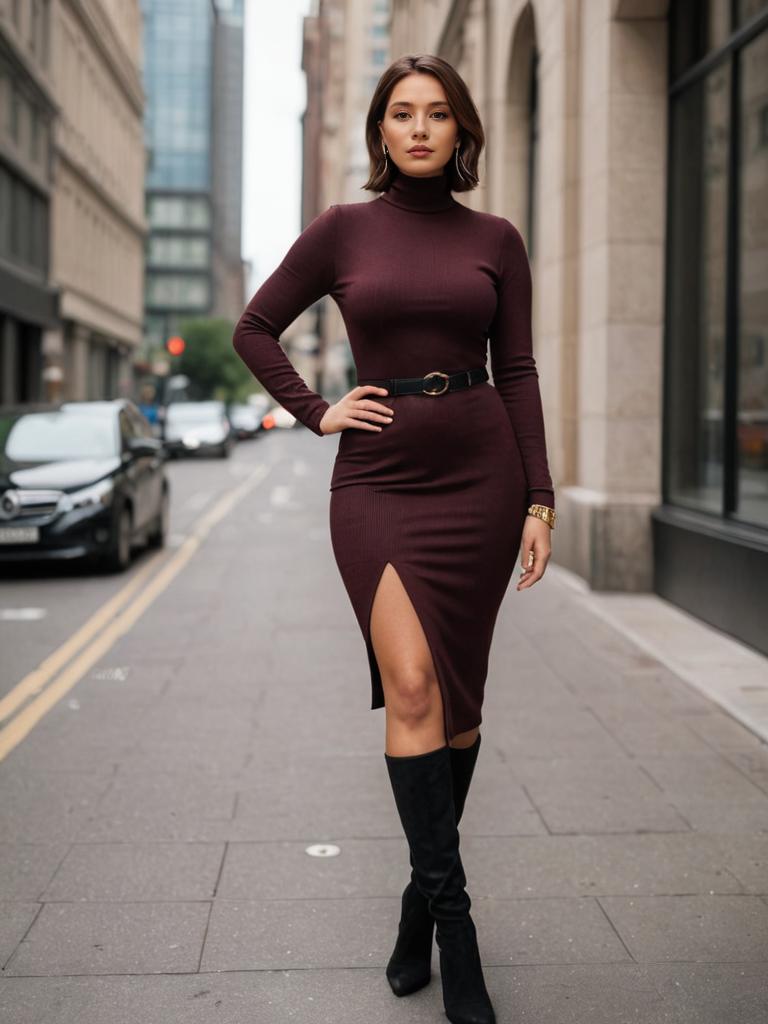 Chic Woman in Burgundy Dress on Urban Street