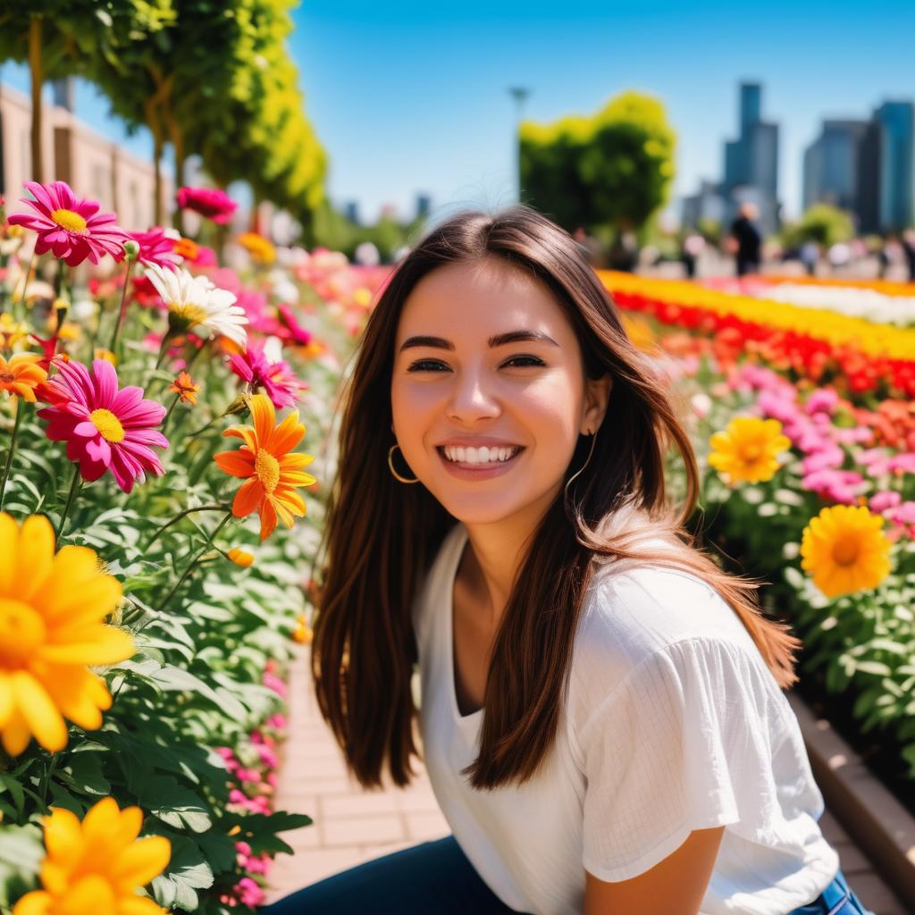 Smiling Woman in Flower Bed at Urban Park Smiling Woman in Flower Bed at Urban Park