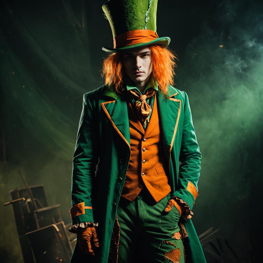 Mad Hatter Costume Man in Theatrical Fantasy Outfit with Green Top Hat