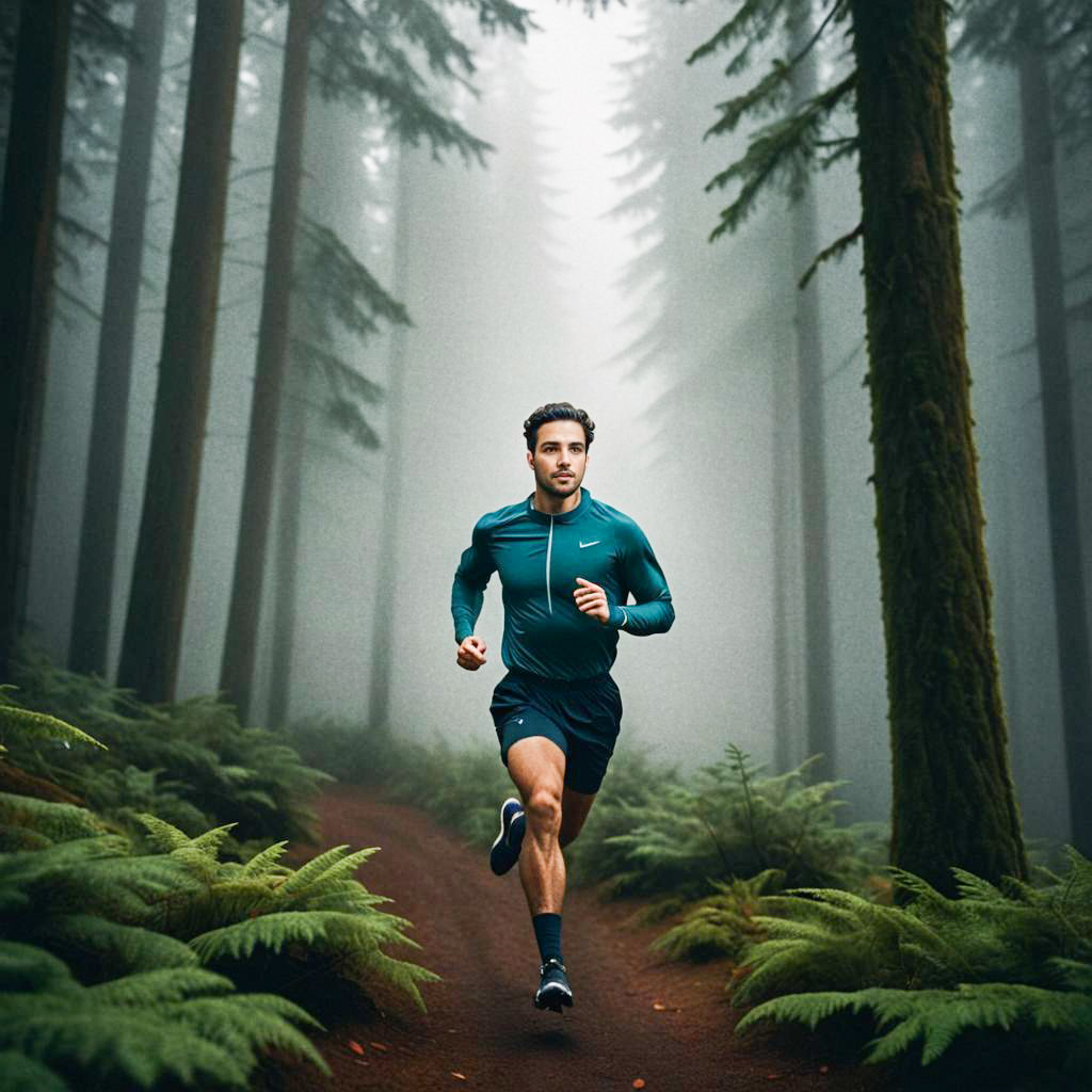 Man Running in Misty Forest - Outdoor Fitness