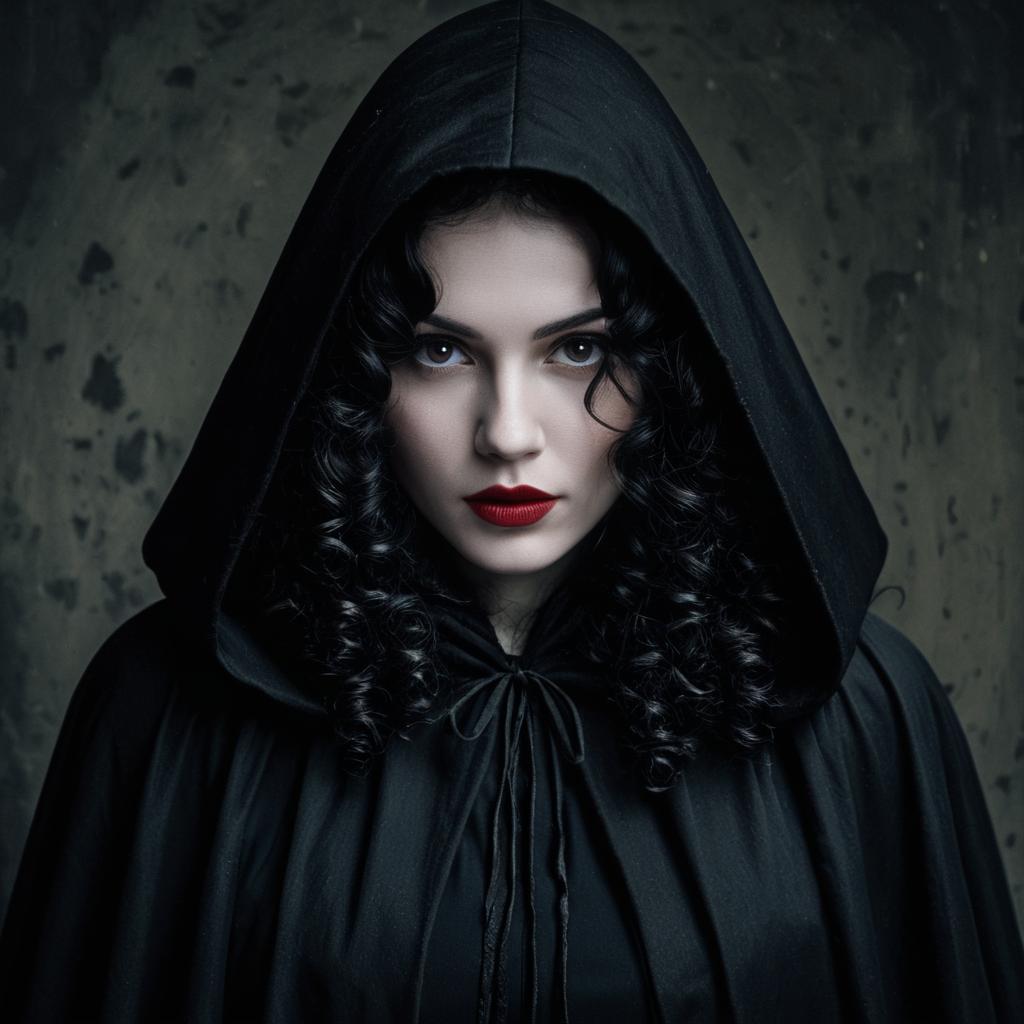 Mysterious Woman in Black Hooded Cloak with Red Lipstick Gothic Portrait