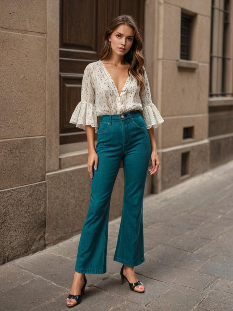 Stylish Woman in White Blouse and Teal Jeans in Urban Alley