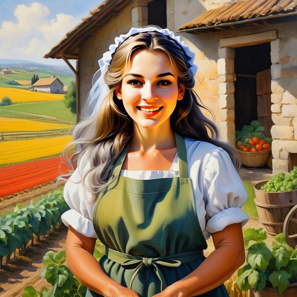 Smiling Woman in Rustic Apron by Farmhouse