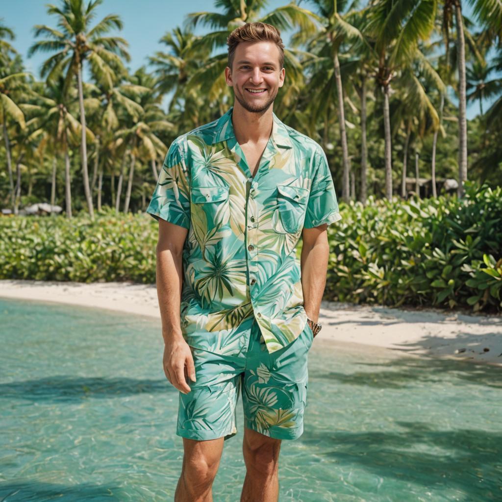 Smiling man in Hawaiian shirt on tropical beach