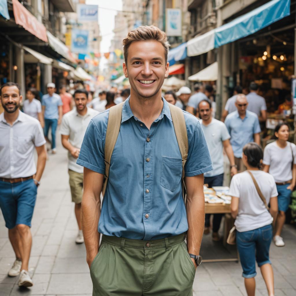 Young Man in a Bustling Street Market