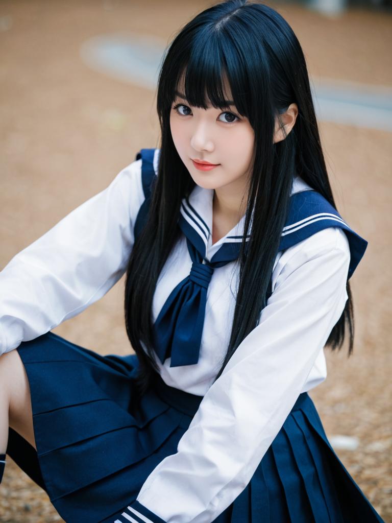 Japanese Schoolgirl in Traditional Navy Blue Sailor Uniform Sitting Outdoors