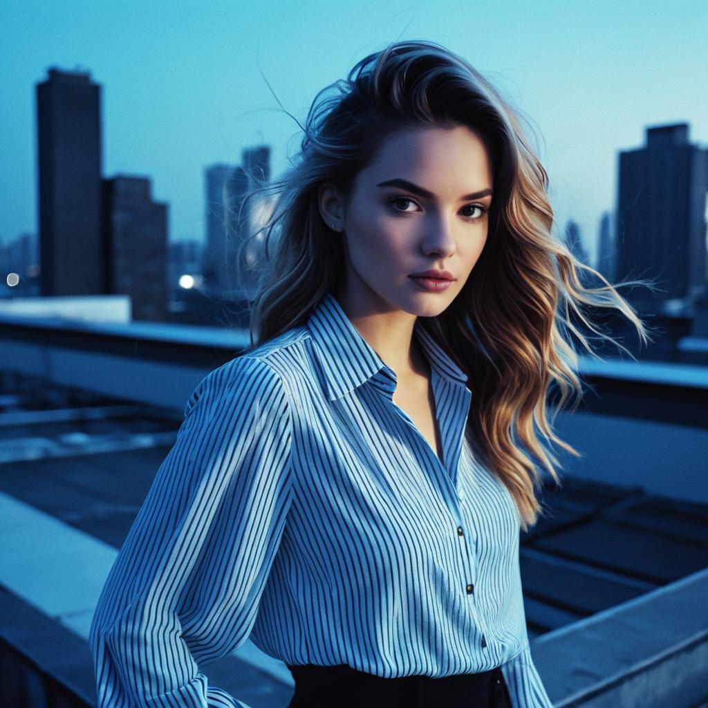 Young Woman in Blue Striped Shirt on Urban Rooftop at Dusk