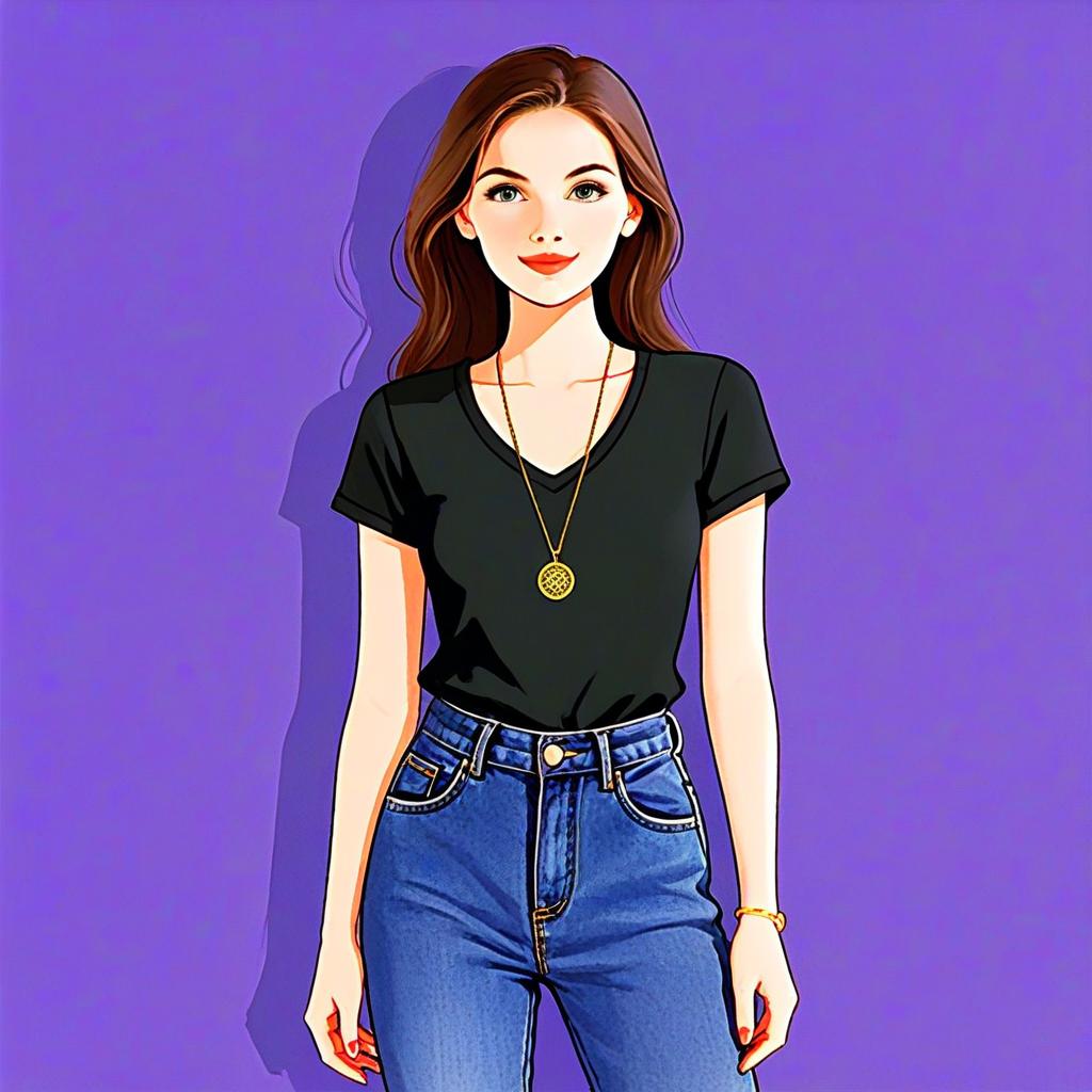 Illustrated Woman with Pretty Face and Hair in Casual Outfit on Purple Background