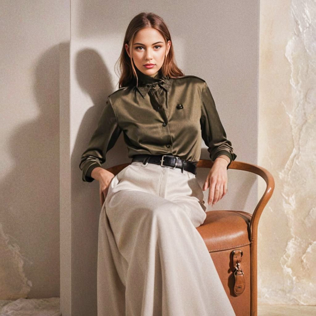 Stylish Woman in Olive Green Blouse and White Trousers