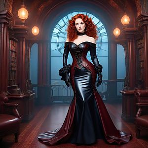 Confident Woman in Elegant Leather Gown in Grand Library