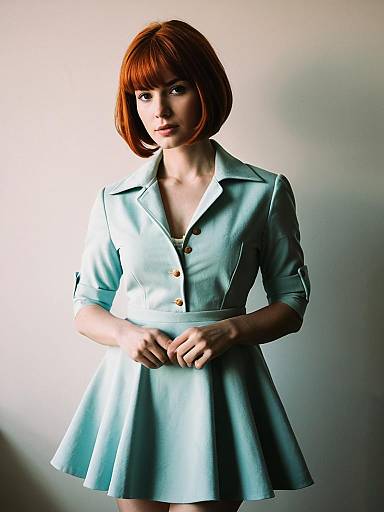 Red Haired Woman in Shirley Fenette Inspired Pastel Blue Cosplay Dress