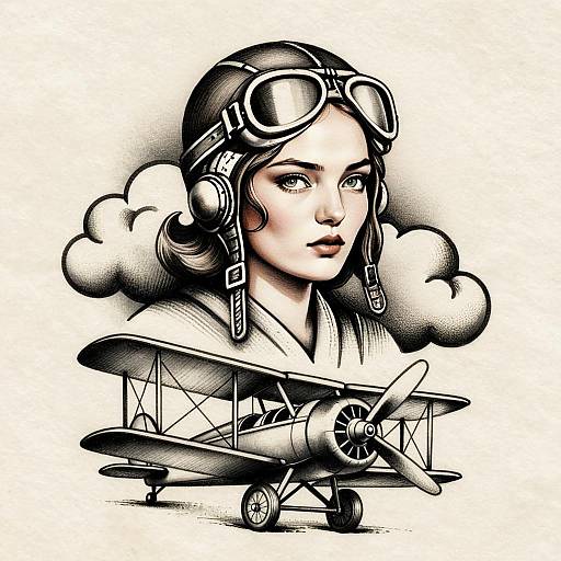 Vintage Aviator Woman and Biplane Retro Illustration