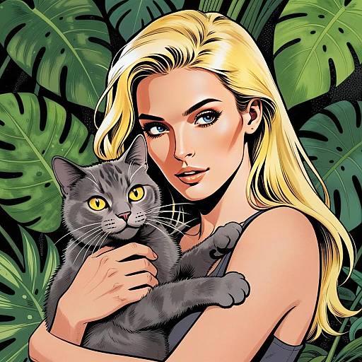 Blonde Woman Holding Gray Cat in Comic Book Style with Tropical Leaves Background