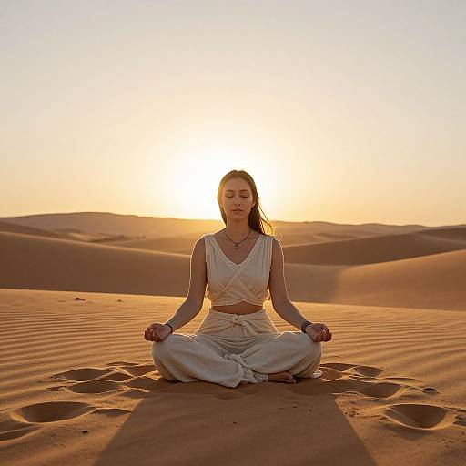 Woman Meditating in Desert at Sunset with Sand Dunes