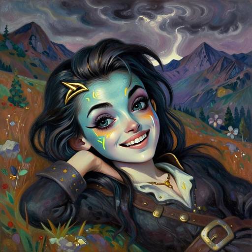Fantasy Portrait of a Smiling Woman with Blue Face Paint in Mountain Landscape