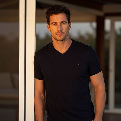 Confident Young Man in Black V-Neck T-Shirt Standing Outdoors