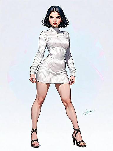 Realistic Comic Style Full Body Portrait of Woman in White Dress