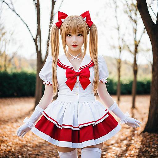 Anime Inspired Woman Cosplay in Red and White Outfit Outdoors