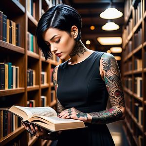 Young Woman Reading in Modern Library