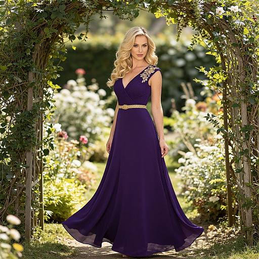 Elegant Blonde Woman in Purple Evening Gown Posing in Garden Archway
