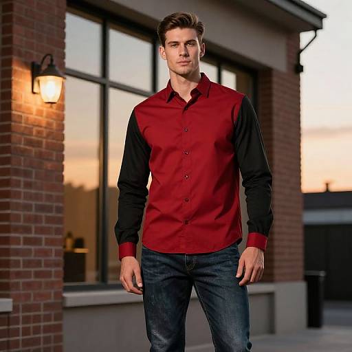Young Man Wearing Stylish Red and Black Shirt Outdoors