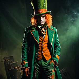 Mad Hatter Costume Man in Theatrical Fantasy Outfit with Green Top Hat