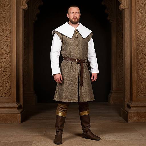 Medieval Man Wearing Textured Tunic with Wide Collar and Brown Boots