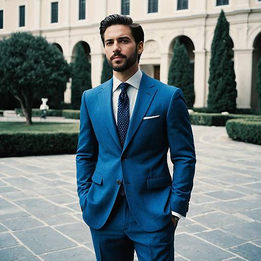 Man Wearing Cerulean Blue Palazzo Suit with Necktie in Formal Setting