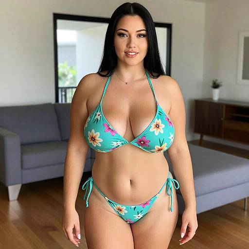 Confident Woman in Turquoise Floral Bikini Indoors