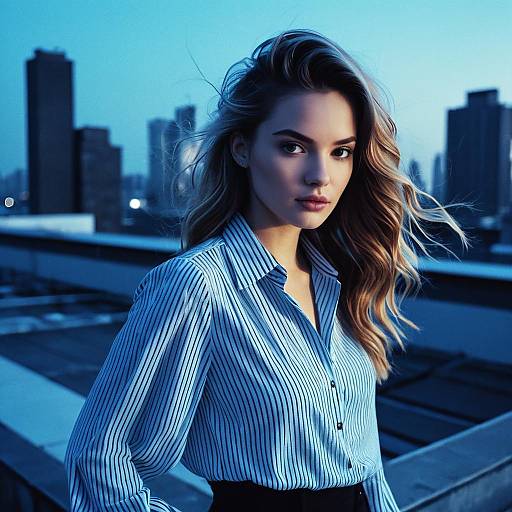 Young Woman in Blue Striped Shirt on Urban Rooftop at Dusk