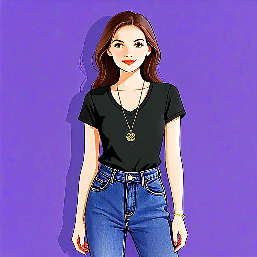 Illustrated Woman with Pretty Face and Hair in Casual Outfit on Purple Background