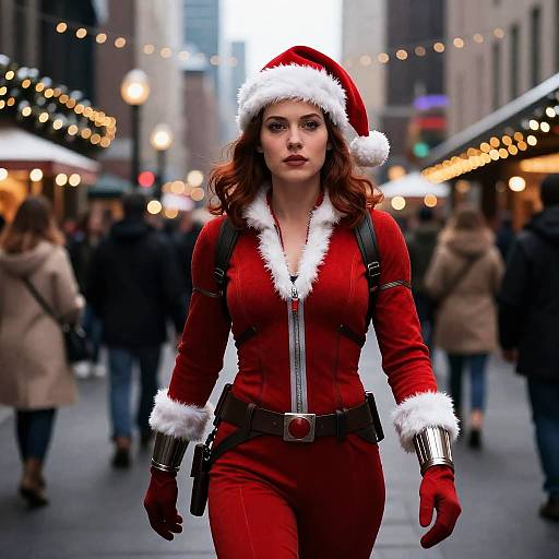 Modern Santa Claus Woman Walking in Festive City Street