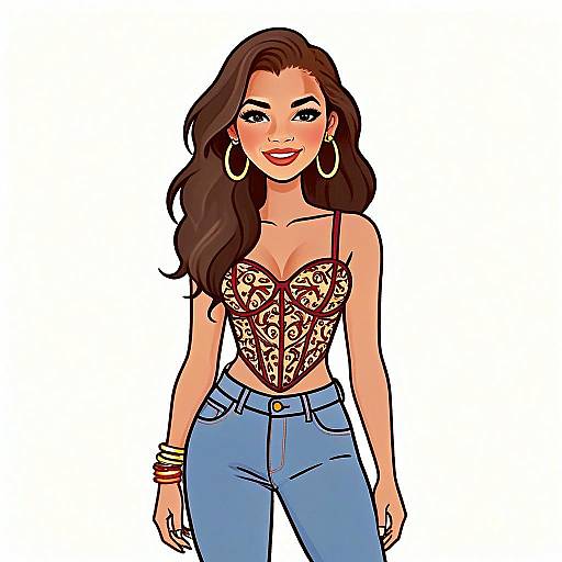Bohemian Woman in Stylish Corset Top and Jeans Illustration