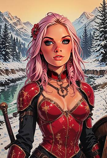 Fantasy Woman Warrior in Red Armor with Pink Hair in Snowy Mountains