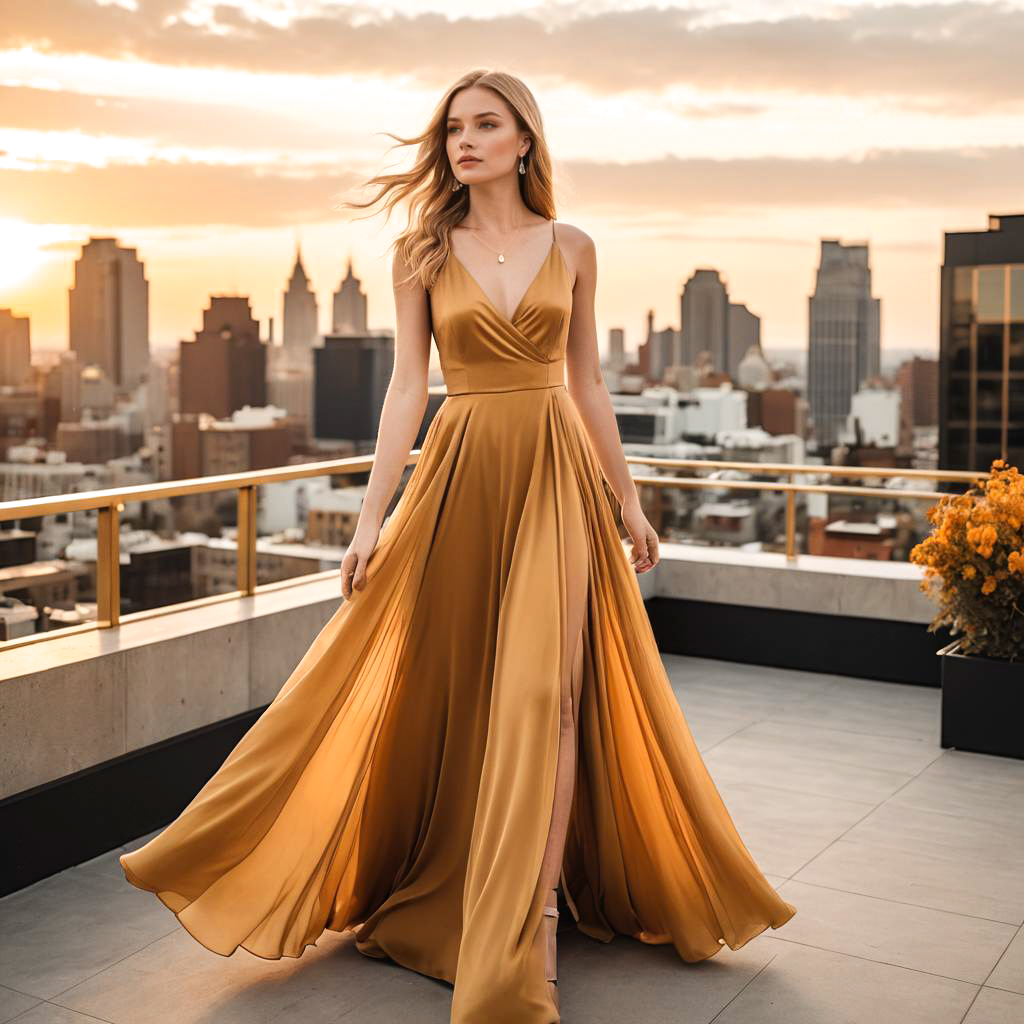 Elegant Woman in Golden Dress on Rooftop at Sunset