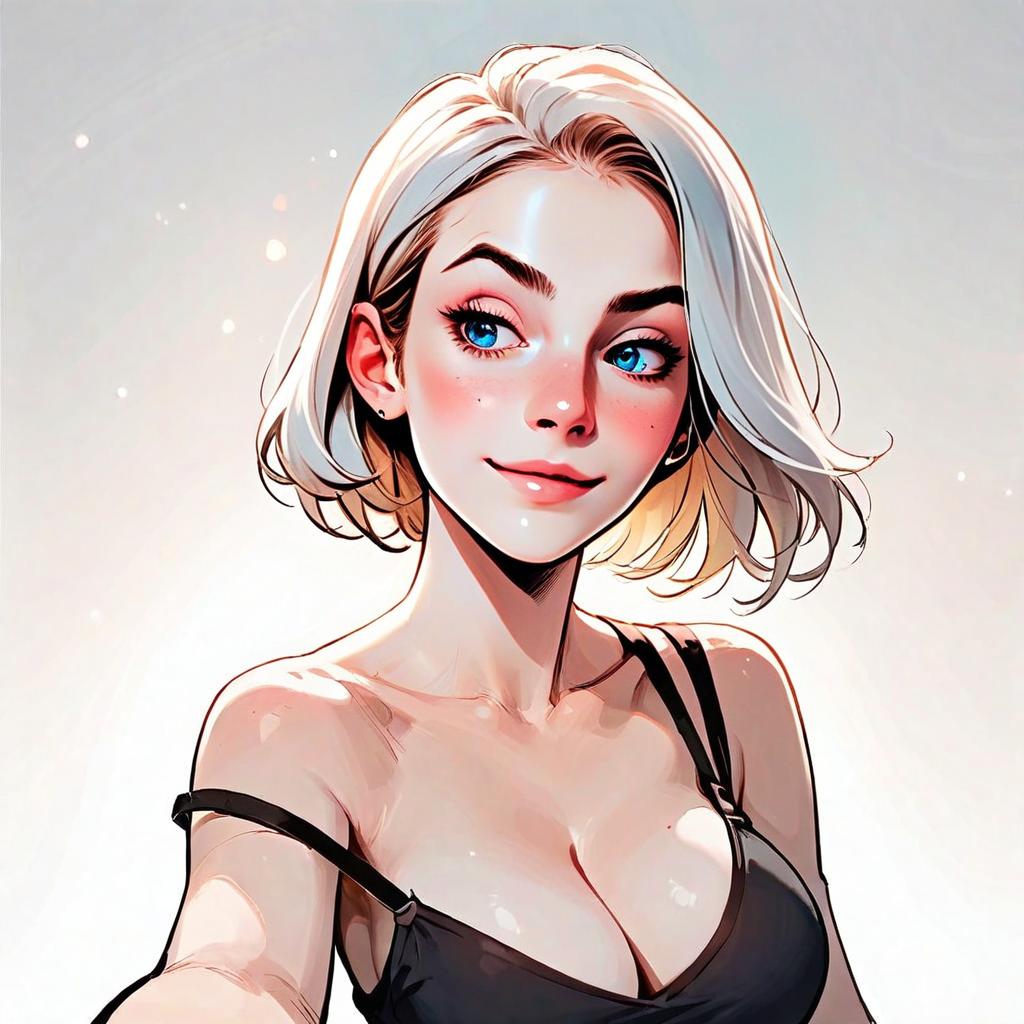 Stylized Digital Portrait of Blonde Woman with Blue Eyes in Black Top